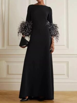 Black & white Feather Cuff Maxi Dress