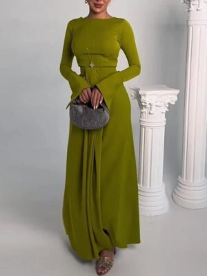 Olive Belted Maxi Dress with Flared Sleeves
