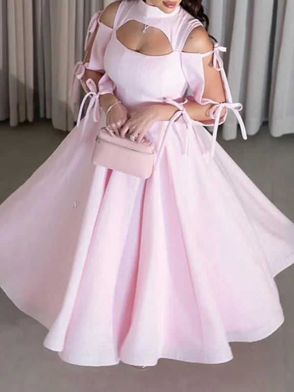 Pink midi dress with high neck and tied shoulders - Image 2