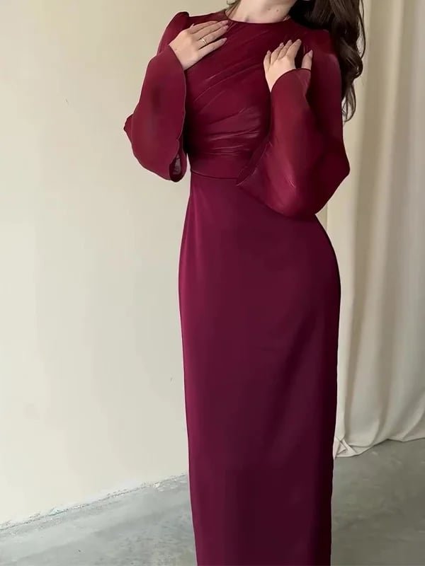 Burgundy evening dress with pleated chest and puff sleeves - Image 4