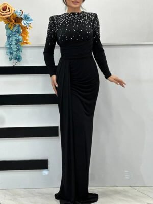 Black embroidered dress with padded shoulder