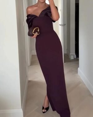 Burgundy off-shoulder evening dress with a straight cut