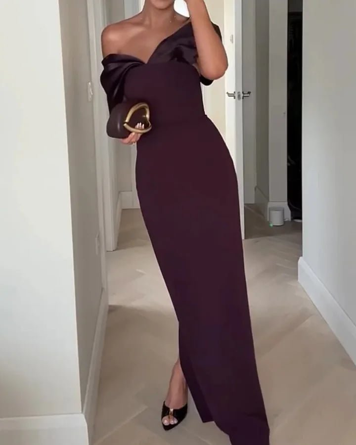 Burgundy off-shoulder evening dress with a straight cut