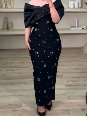 Black off-shoulder evening dress with diamond embroidery