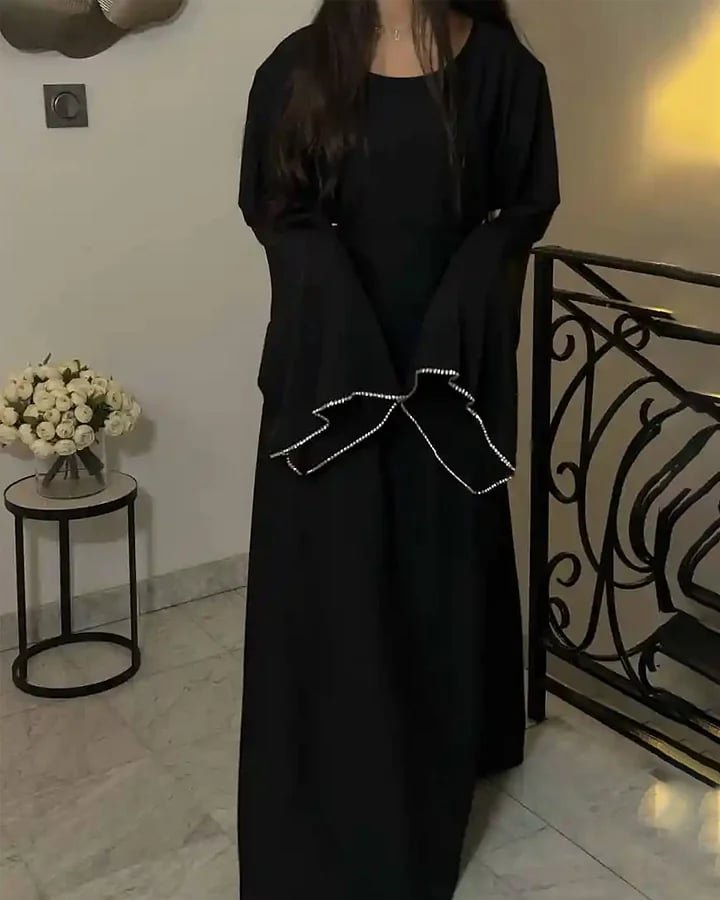 Black dress with an abaya touch and dangling silver sleeves - Image 4