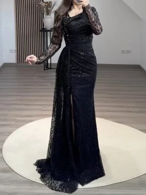 Long black evening dress with embroidered lace and side slit