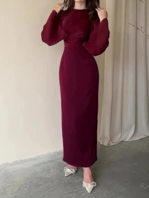 Burgundy evening dress with pleated chest and puff sleeves