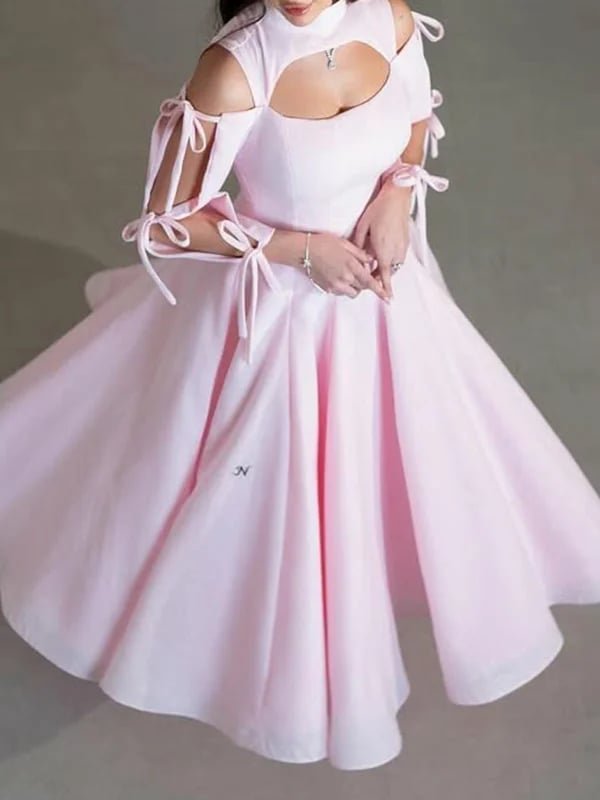 Pink midi dress with high neck and tied shoulders - Image 3