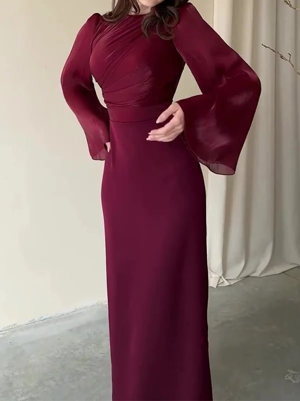 Burgundy evening dress with pleated chest and puff sleeves - Image 2