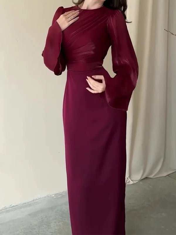 Burgundy evening dress with pleated chest and puff sleeves - Image 3