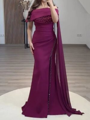Off-Shoulder Cranberry Evening Dress with Embroidery on the Chest