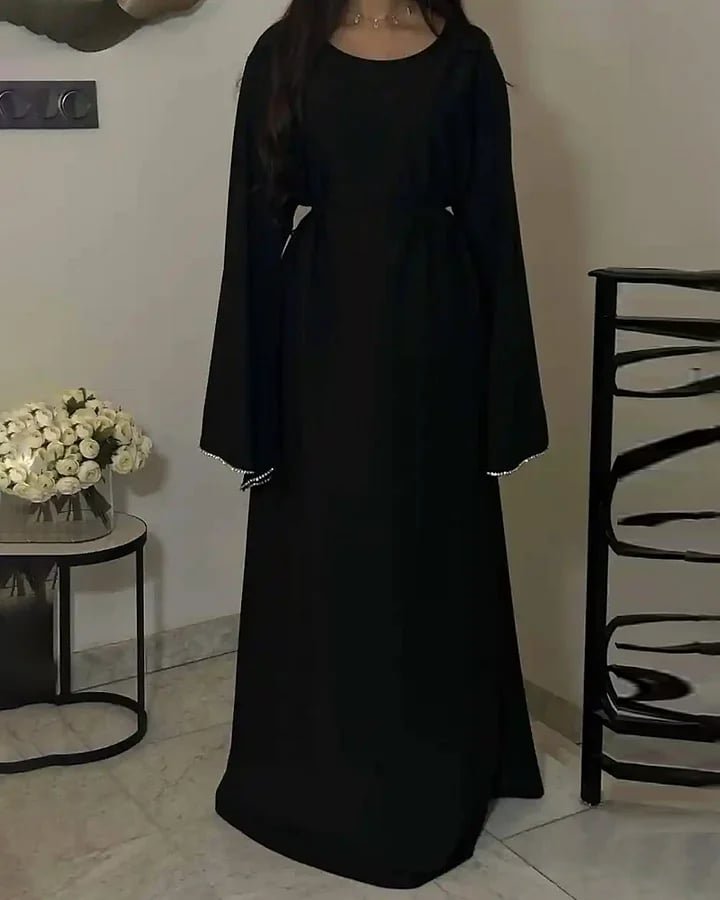Black dress with an abaya touch and dangling silver sleeves - Image 3